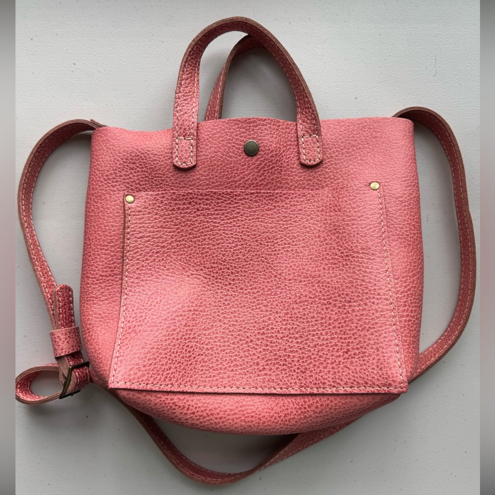 Portland leather goods mini crossbody tote, pebbled leather, pink